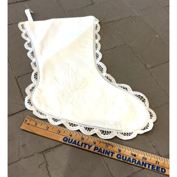 Christmas Battenberg Lace Stocking White Embroidered Victorian Old World Style - Picture 7 of 11